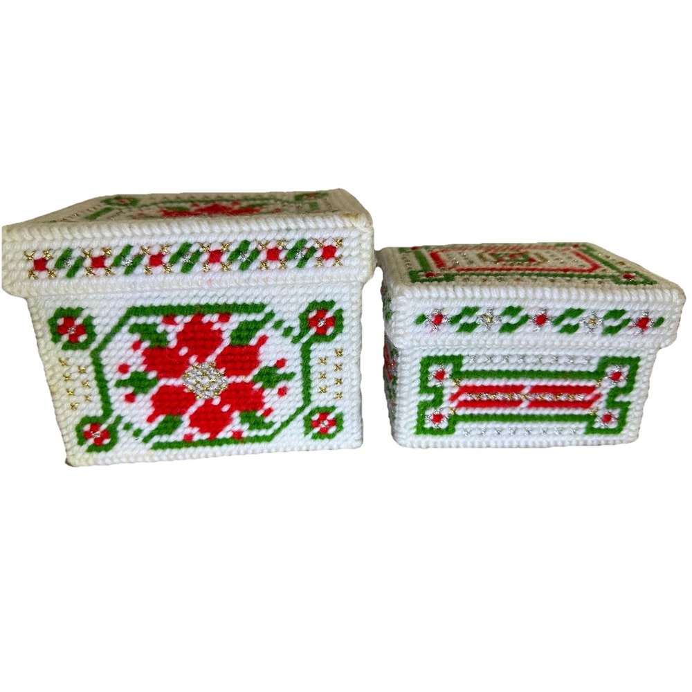 Set of 2 Vintage Handmade Needlepoint Christmas Gift Boxes Poinsettia Decor EUC!